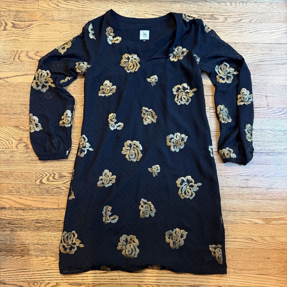 CABI Shift Dress XS Black Gold Embroidered Flowers Swiss Dot Long Sleeve 3697